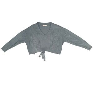 Lush Sweater Women M Teal Green Cable Knit Tie Back V-Neck Cropped L16815-FCI
